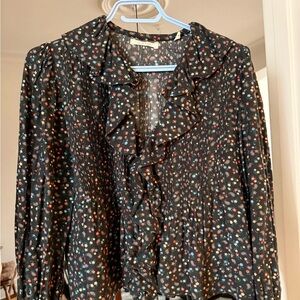 Doen Black Ruffled Floral Pintuck Blouse